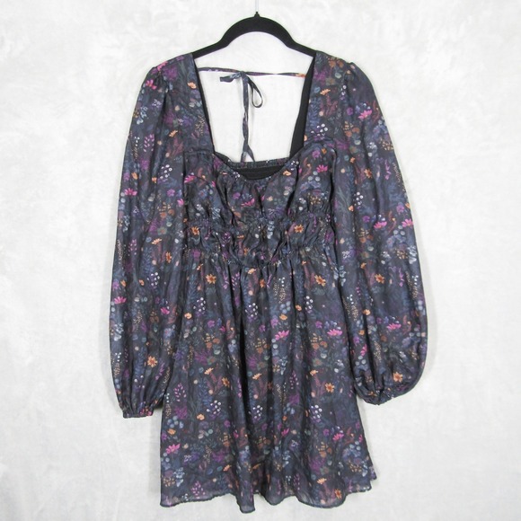 Disturbia Dresses & Skirts - Disturbia Dark Floral Mini Dress Long Balloon Sleeve Smocked Tie Back US 4 y2K